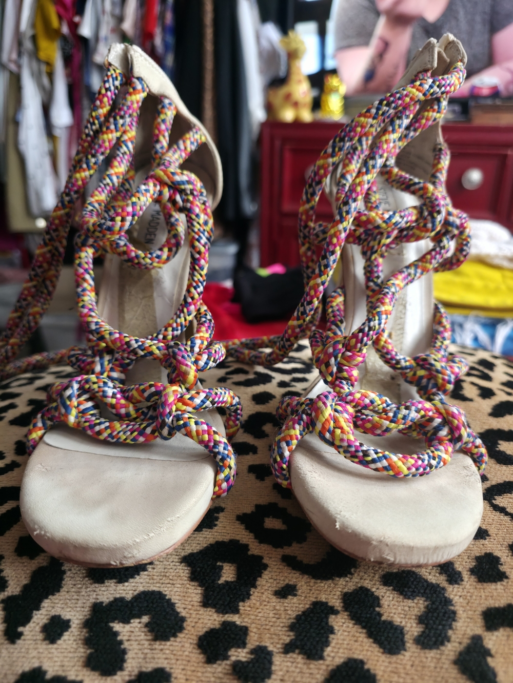 Steve Madden Multicolor Braided Rope Lace Heels with Cream Footbed